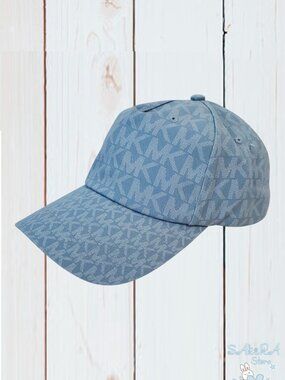 NWT MICHAEL KORS AUTHENTIC ALLOVER MK LOGO WOMEN'S SKY BLUE BASEBALL CAP HAT